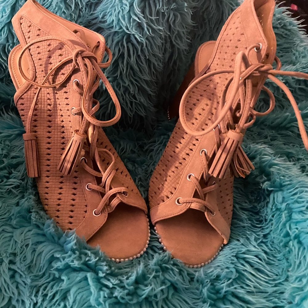 CUSTOMIZED JESSICA SIMPSON Tinnay Lace Up Tan Peep Toe Bootie Sandals Size 10